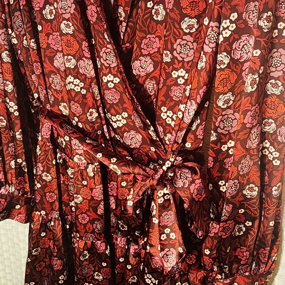 Floral Wrap Dress Red and Pink Silky Eco Friendly Recycled Fabric Fall Workwear - Picture 4 of 7